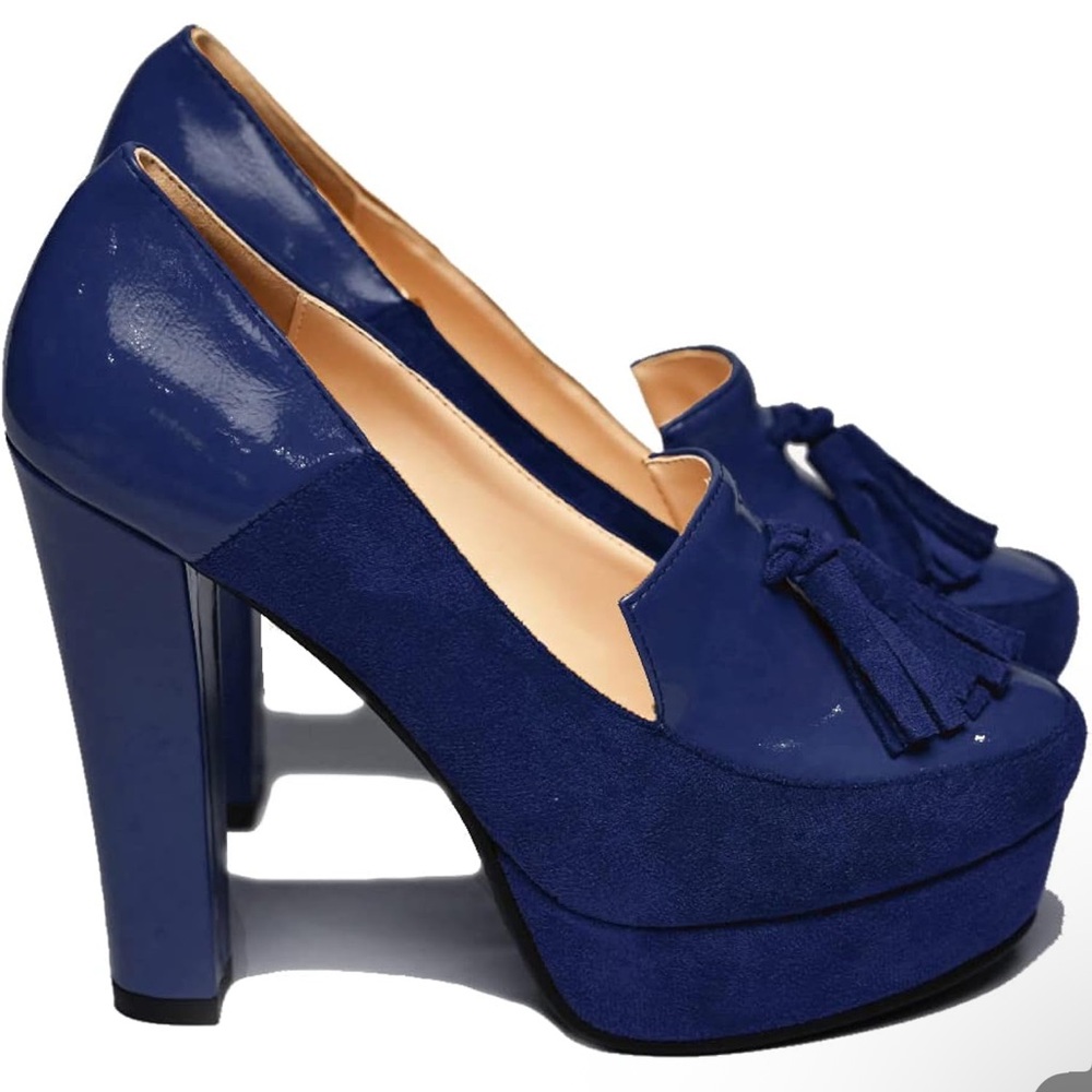Chunky Block High Heel Fringed Pumps Round Toe Slip On Loafers Tassel Suede